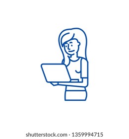 Girl with laptop line icon concept. Girl with laptop flat  vector symbol, sign, outline illustration.