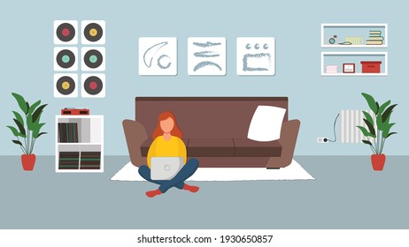 Girl with laptop in Living room. Freelance or studying concept. Illustration in flat style. Vector illustration of freelance work. Woman work online, teleworking. 