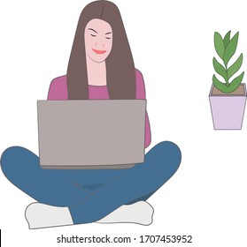 Girl with a laptop in the Lotus position. Stay at home. Remote work.
