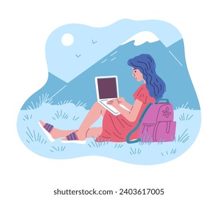 Girl with a laptop in the mountains, vector illustration in simple flat style. Freelance woman sitting leaning on a backpack, working on a computer against the background of a mountain landscape.