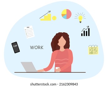 The girl at the laptop multitasking. Freelance work at home at the computer, many tasks at the same time. Flat style vector illustration