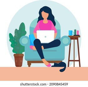 Girl with laptop on the chair. Freelance or studying concept. Cute illustration in flat style. Work at home concept design. Flat style modern vector illustration.