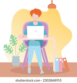 Girl with laptop on the chair. Freelance or studying concept. Cute illustration in flat style.