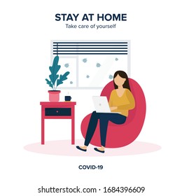 Girl with laptop on the chair. Staying and working at home. Young girl working from home. Self-isolation shield  from coronavirus. Remote work from home during Quarantine. Illustration in flat style