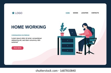 Girl with a laptop on the chair. Staying and working at home. Home Quarantine illustration. Remote work from home during Quarantine. Cute illustration in flat style. Landing page or banner template.