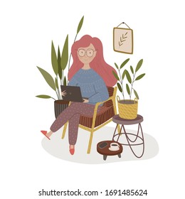 Girl with laptop on the chair. Staying and working at home. Young girl working from home. Self-isolation shield from coronavirus. Remote work from home during Quarantine. cozy vector illustration