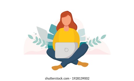 Girl with laptop on the floor. Freelance or studying concept. Illustration in flat style. Vector illustration of freelance work. Woman work online, teleworking. 
