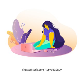 Girl with a laptop on the floor sitting vector illustration
