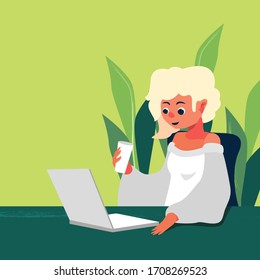 Girl with laptop on green backdrop. Online meeting for website or social banner, remote job vacancy, flyer, info card, labor exchange. Web template or info page. Flat style stock vector illustration
