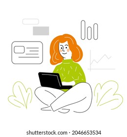 A girl with a laptop on her lap sits on the floor. Flat digital art on a white background.
