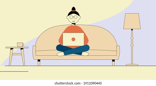 Girl with laptop on the sofa. Freelancer working on home. Flat illustration about freelance. Vector cute illustration. Home office concept.