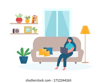 Girl with laptop on sofa sits. Staying and working at home. Young girl working from home. Self-isolation shield from coronavirus. Remote work from home during Quarantine. Illustration in flat style