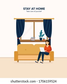 Girl with laptop on the sofa. Staying and working at home.Stay at home. Take care of yourself. Remote work. Cute illustration in flat style.