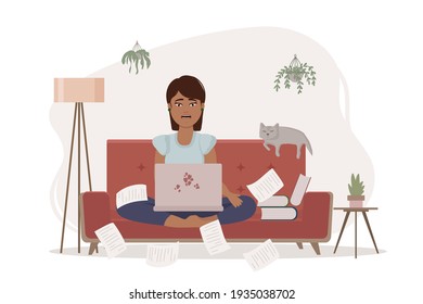 Girl with a laptop Online education. The concept of e-learning at home sitting on the couch. Student of online courses drawn in vector. Vector illustration