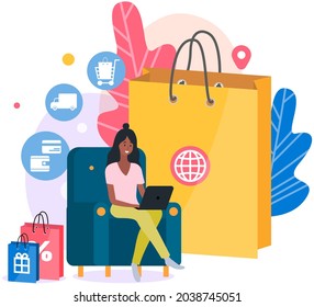 Girl with laptop orders clothes, makes purchase via internet. Online shopping using computer. Woman works with technology and chooses goods on website. Program for online shopping on laptop