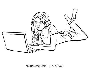 Girl with laptop, outline drawing, coloring, sketch, contour linear figure, vector black and white illustration. Woman lies on the stomach and works in portable computer isolated on white background