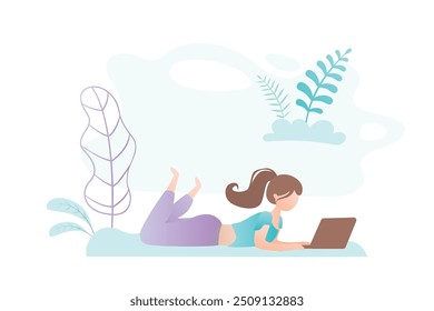 Girl with laptop pc in park, female freelancer with gadget, design in trendy style, outdoor workplace, businesswoman work remotely, flat vector illustration