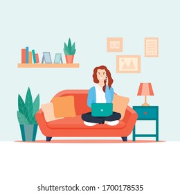 Girl with a laptop and a phone is sitting on a sofa. Work at home. Freelance or training concept. Illustration of the interior of the room in a flat style: sofa, nightstand, bookshelf with books.