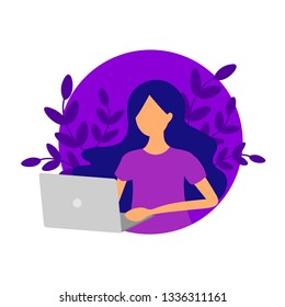 Girl with laptop and plants. Concept of female programmer, freelancer, blogger. Young woman with a laptop and working on a project. Vector isolated illustration.