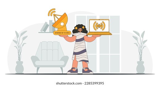 Girl with laptop and sat dish using IoT, in vector modern style.