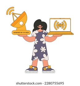 Girl with laptop and satellite dish for connecting to the internet of things.