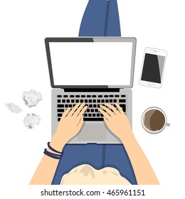 Girl with laptop. Seen from above, plan view. Concept of home office, surfing the Internet, writing and freelance.