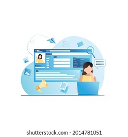 Girl in laptop shows her page, account on social network, writes blog, writes, reads posts on website, text messages, leaves comments. Vector woman fills out questionnaire with photo on Internet.