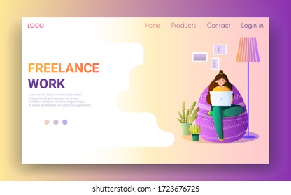 Girl with a laptop sits on a beanbag chair. Landing page template. Freelance, remote work, homework, home office concept. Cozy home. Vector flat cartoon stock illustration