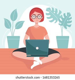Girl with laptop sits on the floor. Freelance concept, work at home. Stay at home. Prevention of coronavirus. Temporary isolation, quarantine. Flat vector illustration.