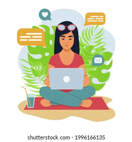 A girl with a laptop sits on a sleeping mat. Online training, courses. Freelance, remote work, work on vacation. Vector image on an isolated white background.