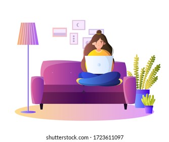 Girl with a laptop sits on a sofa. Freelance, homework and education concept. Cozy interior. Vector cartoon flat stock illustration