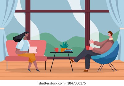 Girl with laptop sits in red arm chair, man in blue arm chair holds cup of coffee, books and potted plant on round coffee table. Panoramic window with curtains. Get-togethers at home or cafe