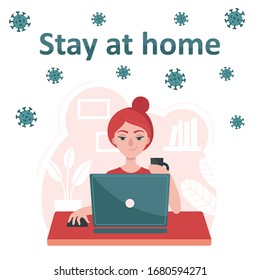 Girl with a laptop sits at a table. Concept of freelance, job at home. Stay at home. Prevention of coronavirus. Temporary isolation, quarantine. Flat vector illustration.