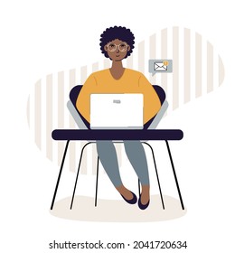 The girl with the laptop sits at the table. Remote work concept, freelance, online learning, education. A dark-skinned girl at work. Vector illustration in a flat style. 