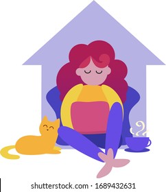 Girl with a laptop sits working at home, with a cat and a cup of tea, on the background of the outlines of the house. Work from home, home office. Quarantine