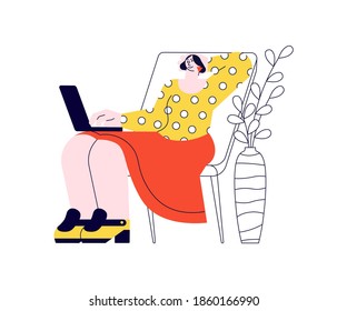 Girl with laptop sitting in the armchair and surfing at home. Stylized Freelance or studying remotely. Flat Art Vector Illustration.