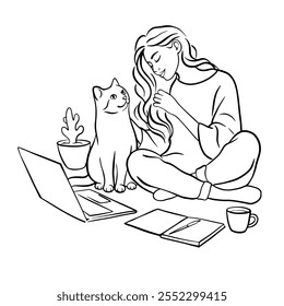 menina com laptop sentado com gato. Ilustração de conceito para trabalhar, freelancer, estudar, educação, trabalho em casa. Ilustração vetorial. Jovem usando laptop em casa