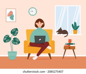 Girl with a laptop sitting in a chair. Cozy interior of the room. Sleeping cat on the window and houseplants. Vector illustration in flat style