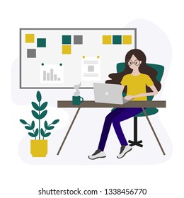 Girl with laptop sitting at the desk. Concept of female programmer, worker, blogger, IT specialist. Startup workspace with kanban board. Vector isolated illustration.