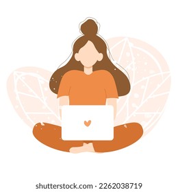 Girl with laptop sitting in the lotus pose. Vector illustration in flat cartoon style. Concept of freelance, work from home and online studying