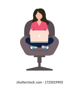 Girl with laptop sitting on the armchair. Freelance or studying concept. Flat design.