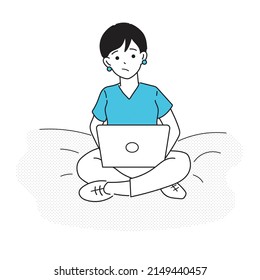 girl with laptop sitting on the bed. Freelance or studying concept. Cute illustration 