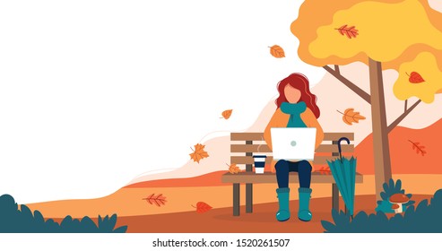 Girl with laptop sitting on bench in autumn. Cute vector illustration in flat style.