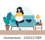girl with laptop sitting on the chair. Freelance or studying concept. Cute illustration in flat style.
