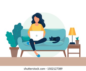 girl with laptop sitting on the chair. Freelance or studying concept. Cute illustration in flat style. - Shutterstock ID 1502127389