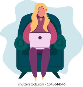girl with laptop sitting on the chair. Freelance or studying concept. Cute illustration in flat style.