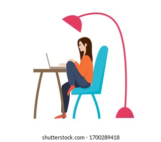 girl with laptop sitting on the chair. Freelance or studying concept. Cute illustration in flat style.