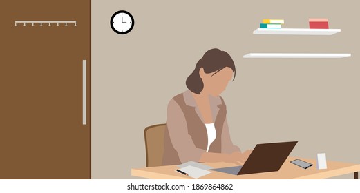 girl with laptop sitting on the chair. Freelance or studying concept. Cute illustration in flat style.