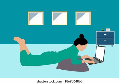 girl with laptop sitting on the chair. Freelance or studying concept. Cute illustration in flat style.