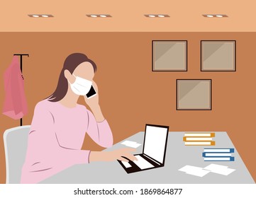 girl with laptop sitting on the chair. Freelance or studying concept. Cute illustration in flat style.